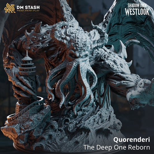 Quorenderi gargantuan aberration resin miniature with wings, tentacled face, scenic waves, and lighthouse base.