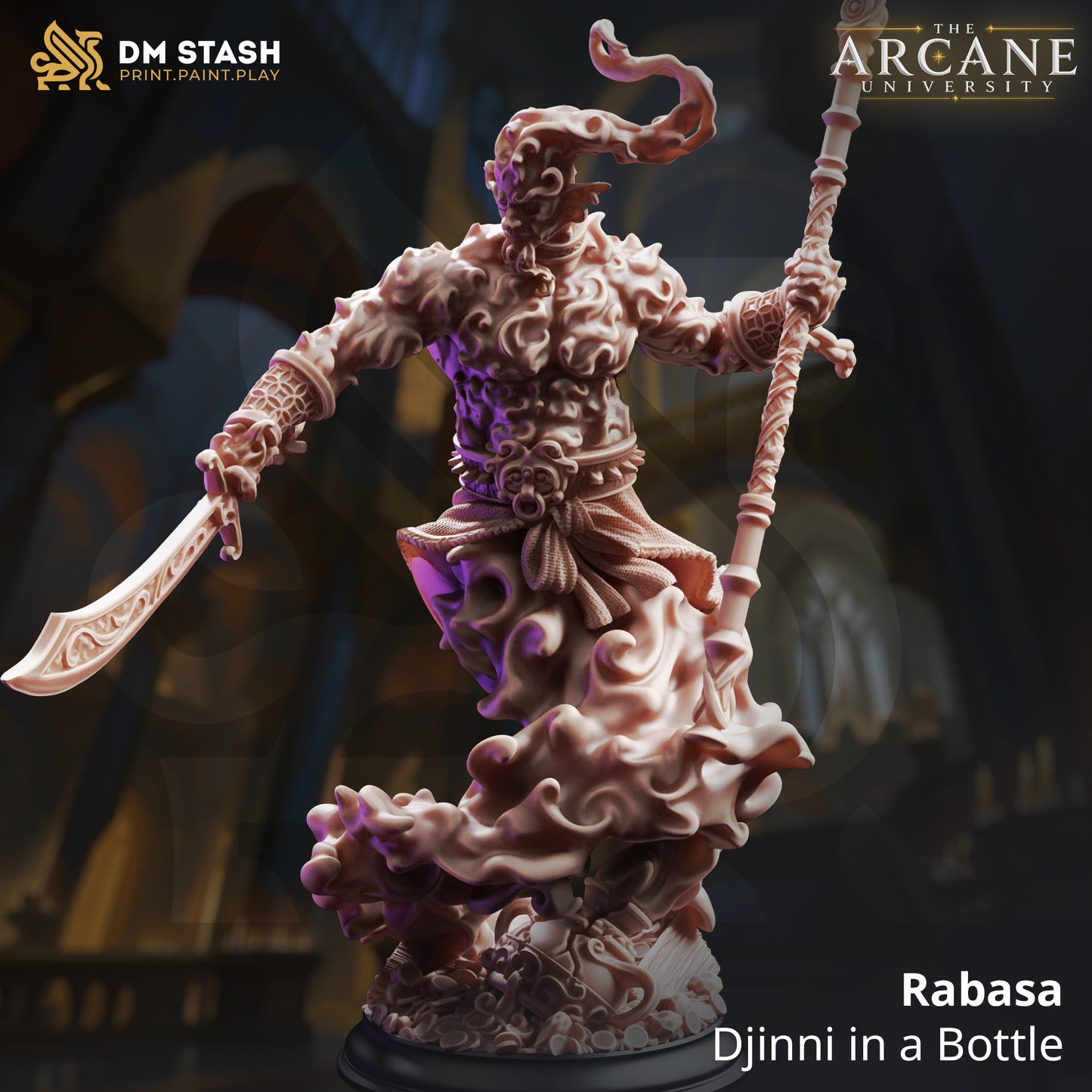 A 3D-rendered fantasy elemental resin miniature titled "Rabasa - Djinni in a Bottle" by DM Stash. The male genie bursts out of a treasure pile on a swirling smoke vortex base, holding an ornate scimitar sword and a magical staff.