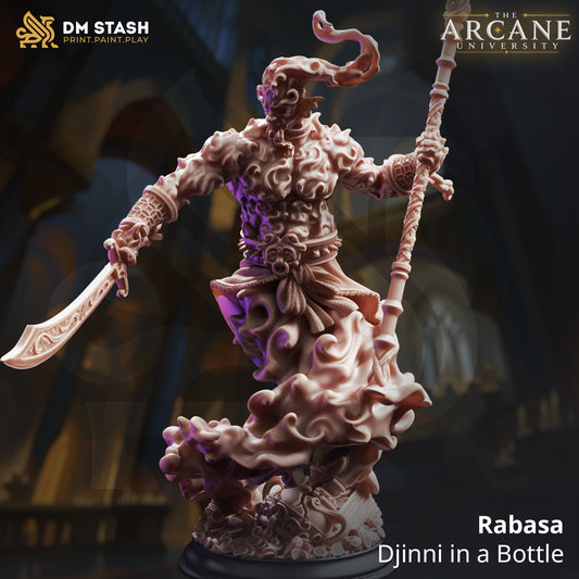 A 3D-rendered fantasy elemental resin miniature titled "Rabasa - Djinni in a Bottle" by DM Stash. The male genie bursts out of a treasure pile on a swirling smoke vortex base, holding an ornate scimitar sword and a magical staff.