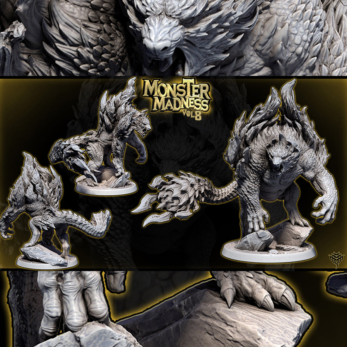 Unpainted grey resin renders of Raging Ursine Pose 1 showing a massive bear-like monster with spiky armor and a clubbed tail on a 75mm base.
