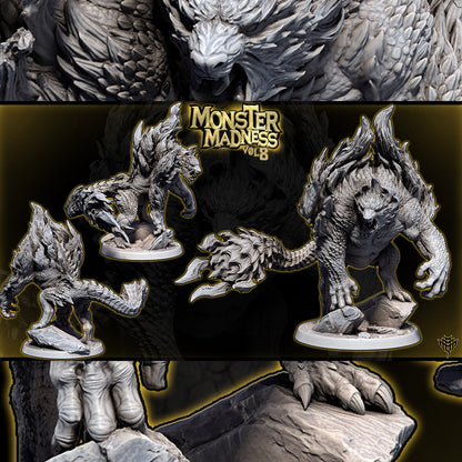 Unpainted grey resin renders of Raging Ursine Pose 1 showing a massive bear-like monster with spiky armor and a clubbed tail on a 75mm base.