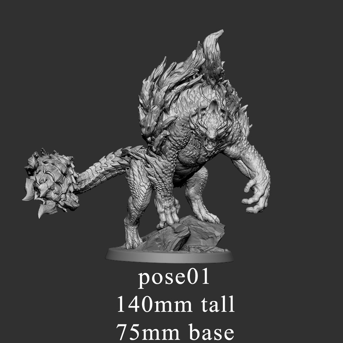 3D digital render of Raging Ursine Pose 1 showing 140mm height dimension and 75mm base.