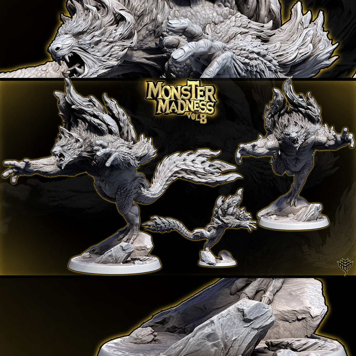 Unpainted grey resin renders of Raging Ursine Pose 3 leaping forward in a dynamic strike pose.