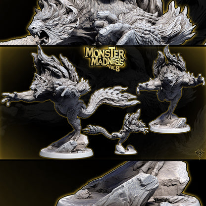 Unpainted grey resin renders of Raging Ursine Pose 3 leaping forward in a dynamic strike pose.
