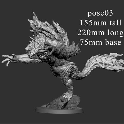 3D digital render of Raging Ursine Pose 3 showing 155mm height and 220mm length dimensions on a 75mm base.