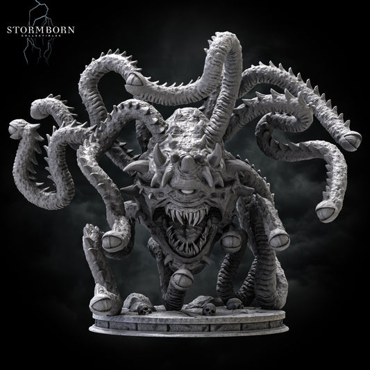 Front view render of Ralakor Lord of the Beholders displaying central eye and multiple eyestalks by Stormborn Collectibles.