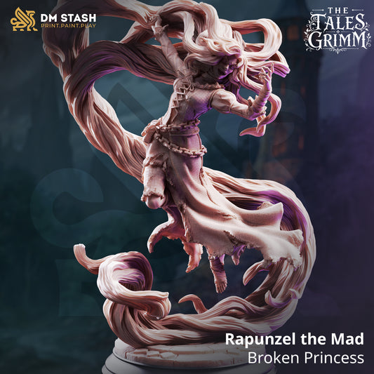 Rapunzel the Mad Human Sorceress resin miniature by DM Stash levitating with swirling hair.