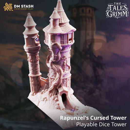 Isometric front view render of Rapunzel's Cursed Tower playable dice tower terrain featuring twin stone spires and creeping hair details.