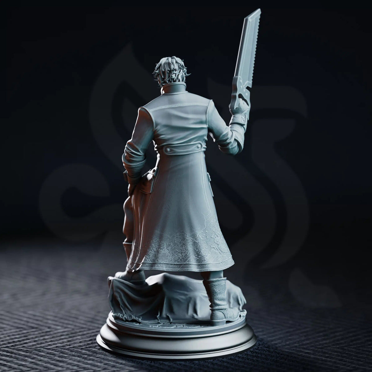 Rear view of Reginald Atkinson showing his long physician’s coat, raised serrated saw, and covered body base.