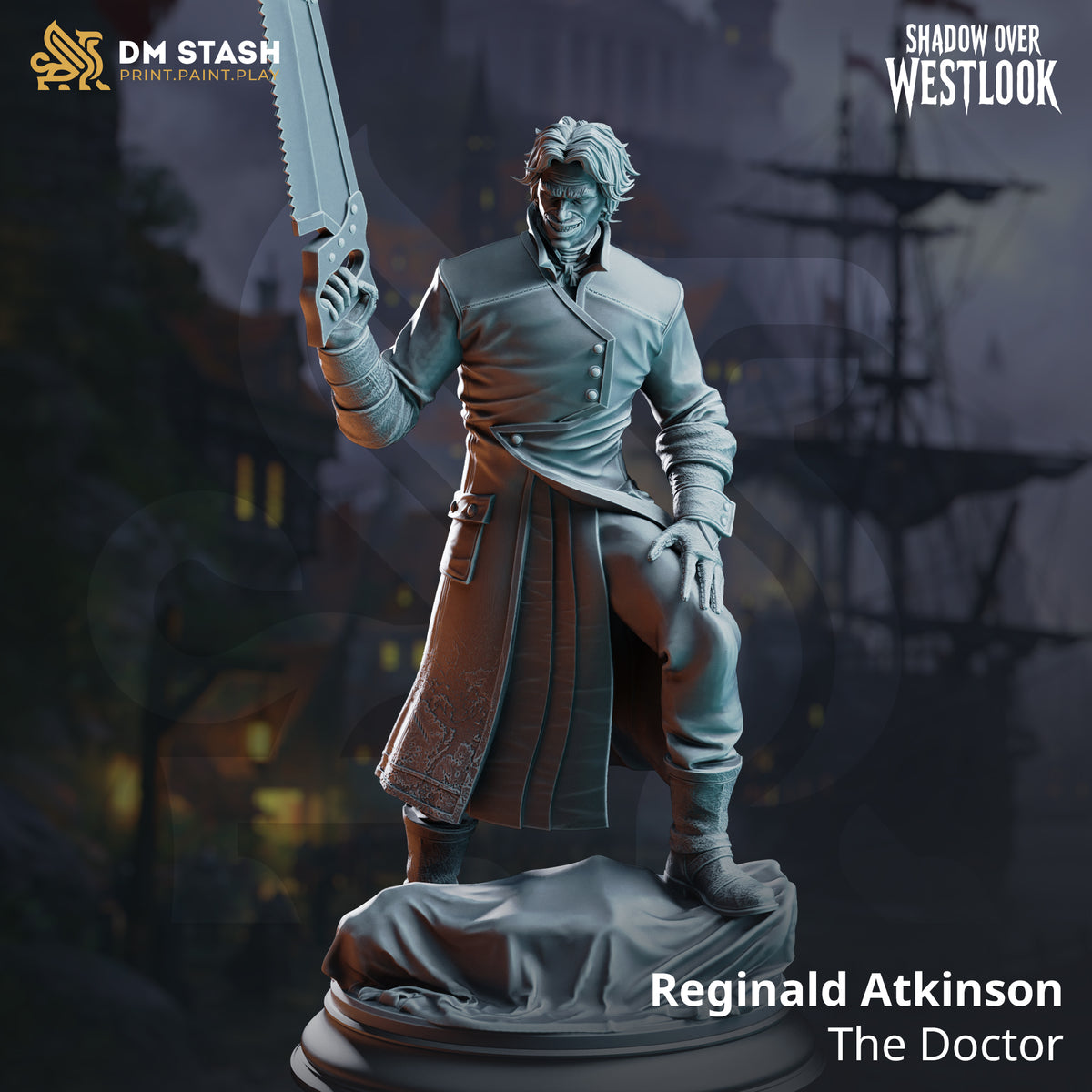 Reginald Atkinson human doctor holding a large serrated saw while standing over a covered body.