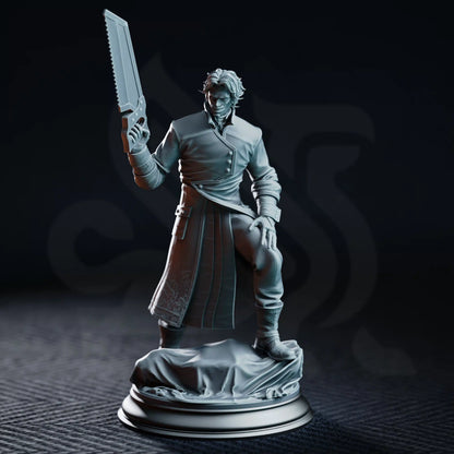 Front view of Reginald Atkinson in a long coat holding an oversized serrated saw above a covered body.