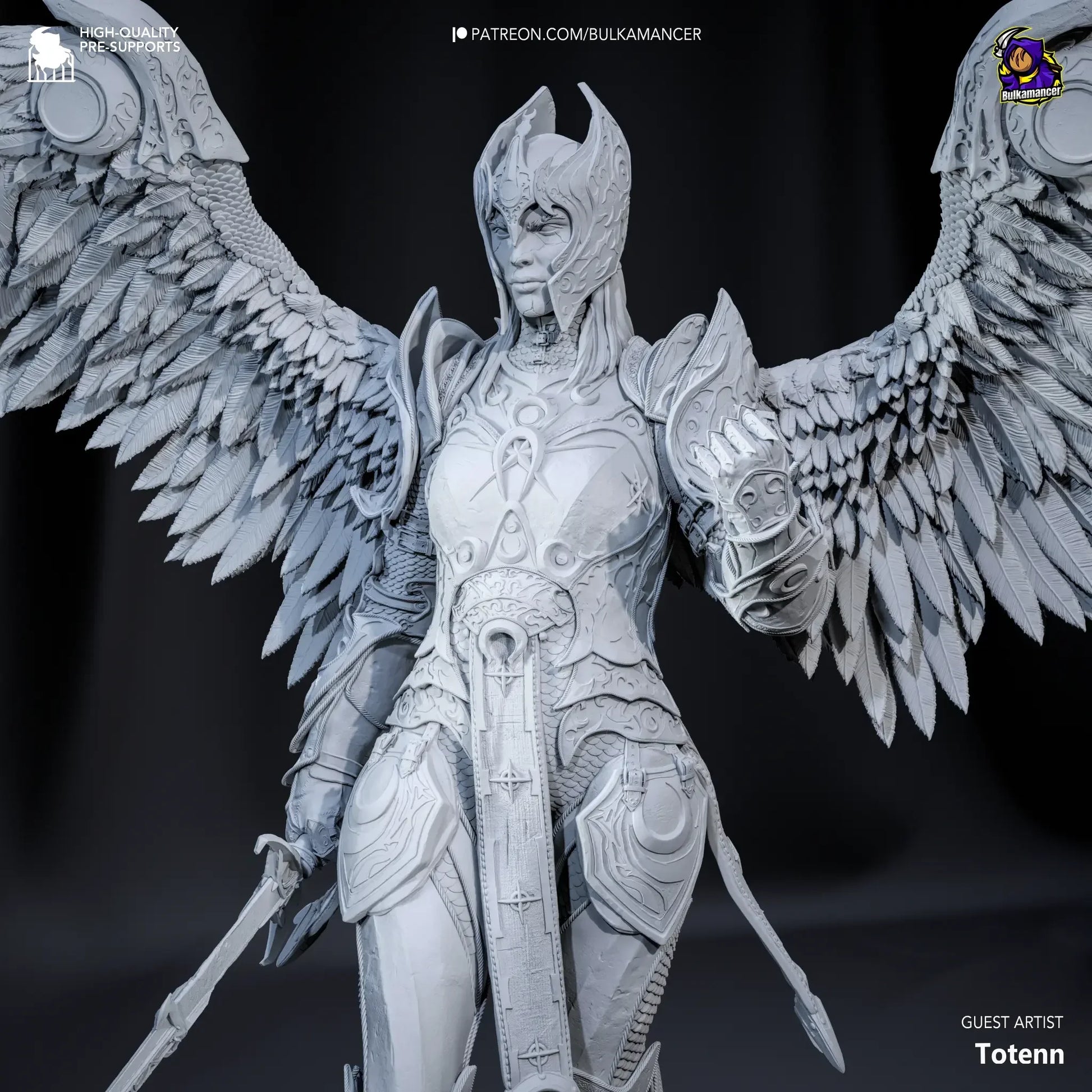 Detailed model of an angelic figure with wings and armor on a dark background