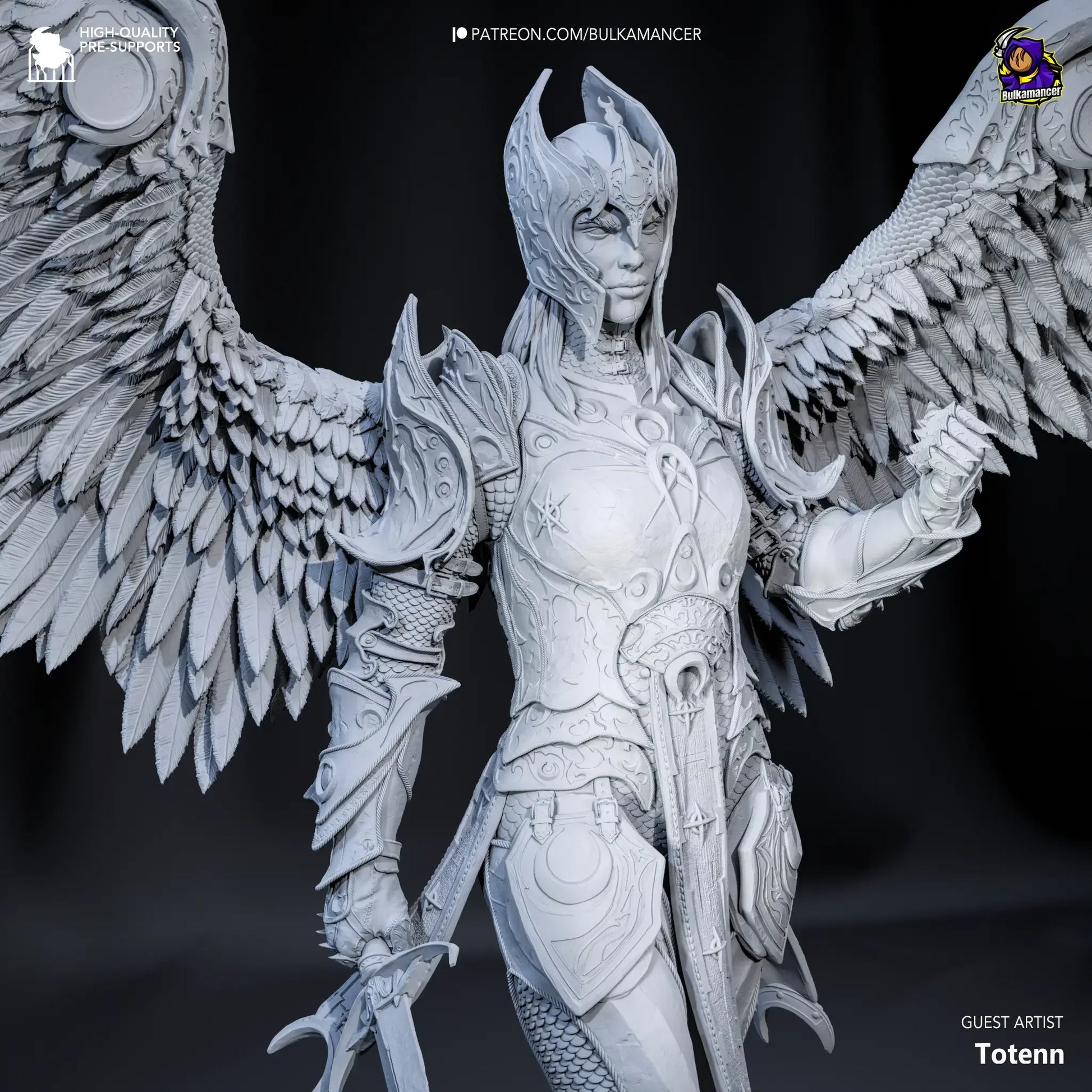 Gray-scale angelic figure with wings and armor on a dark background