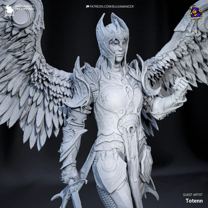 Gray-scale angelic figure with wings and armor on a dark background