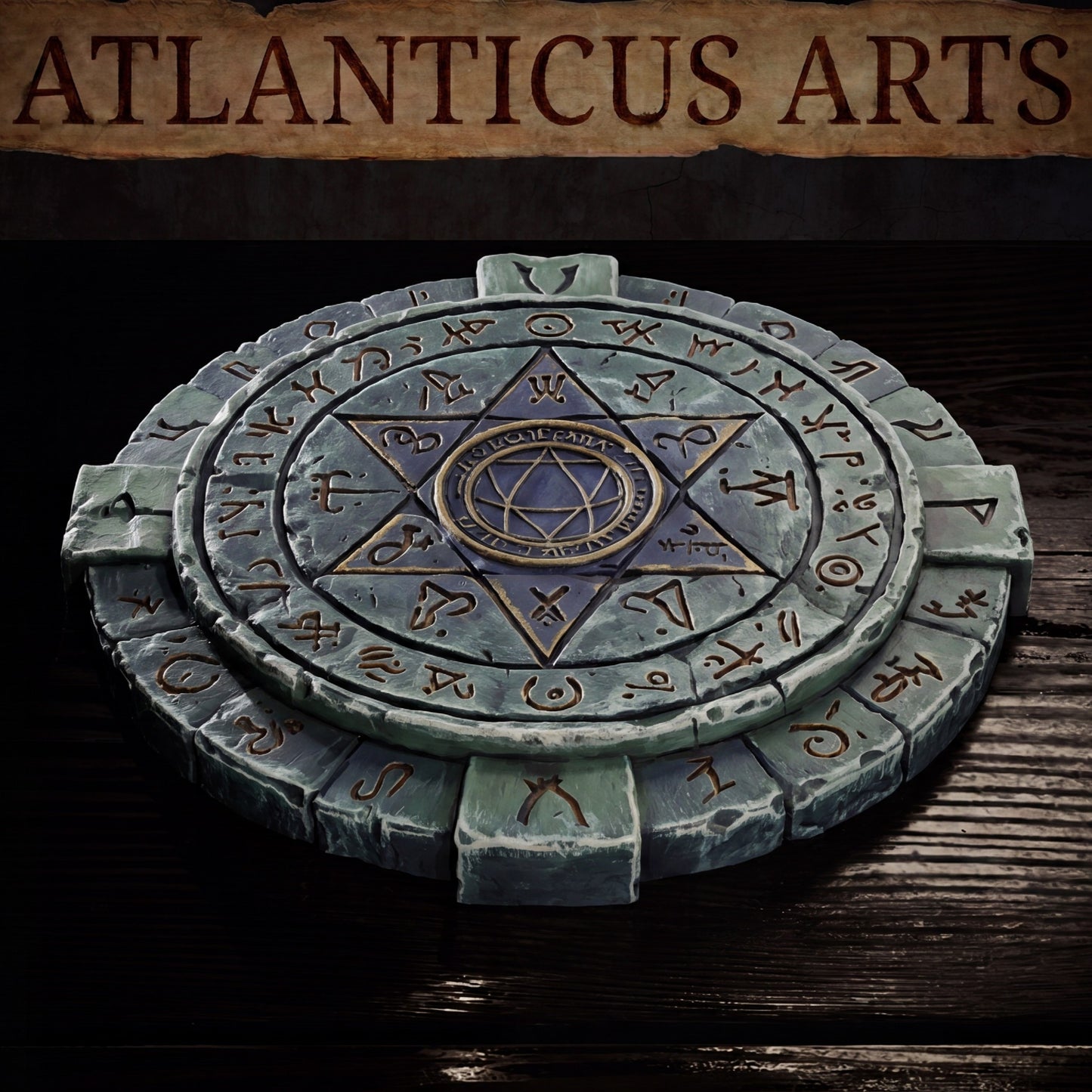 Close-up of a painted render of the stone Summoning Circle miniature on a dark wood background, showing detailed teal stone, a gold-trimmed star, and glowing orange-brown runes.