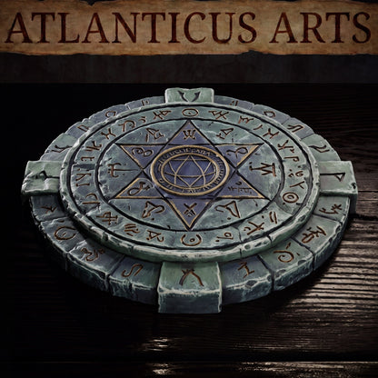 Close-up of a painted render of the stone Summoning Circle miniature on a dark wood background, showing detailed teal stone, a gold-trimmed star, and glowing orange-brown runes.