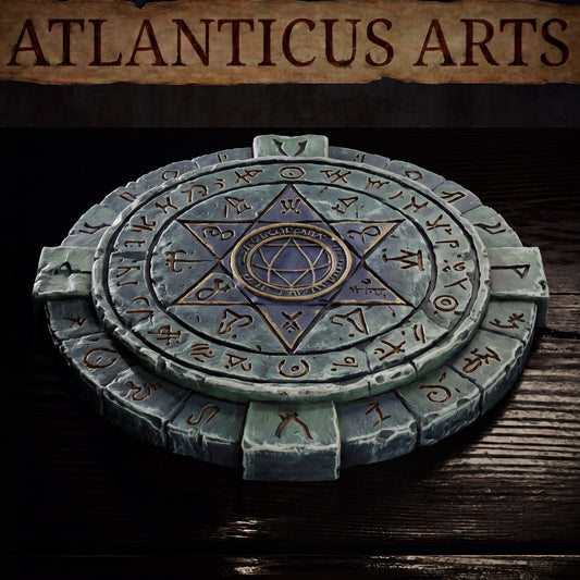 Close-up of a painted render of the stone Summoning Circle miniature on a dark wood background, showing detailed teal stone, a gold-trimmed star, and glowing orange-brown runes.