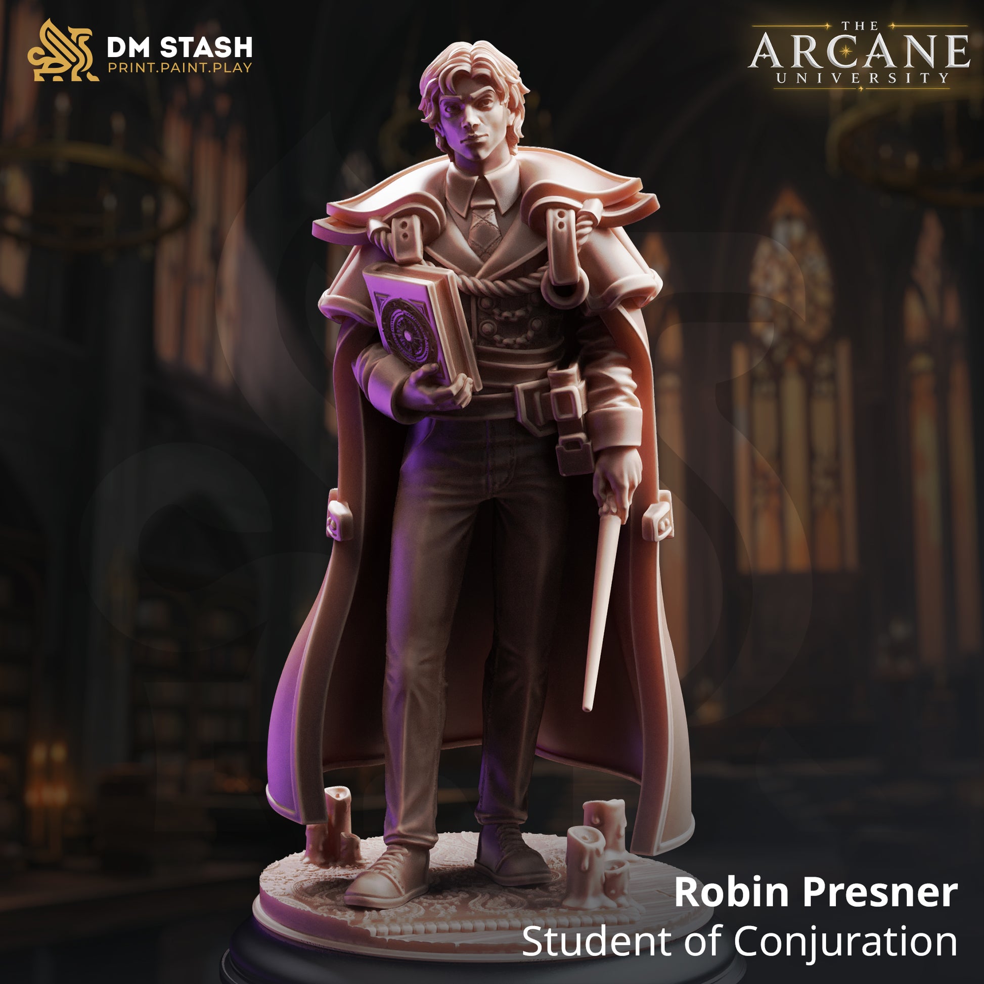 Robin Presner Student of Conjuration 3D printed resin miniature by DM Stash, featuring a human wizard holding a grimoire and wand on a custom candlelit base.
