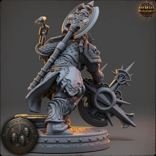 Roderic Varn armored Human Paladin miniature with heavy plate and elaborate martial equipment.
Focal Point: Head, shoulders, and upper weapon details.