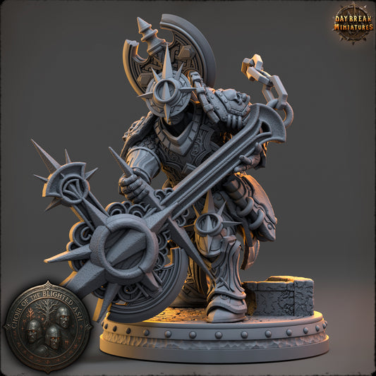 Roderic Varn Human Paladin miniature in heavy armor carrying an oversized blade and ornate weapons.