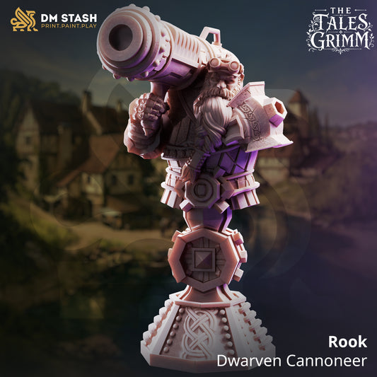 Rook Dwarven Cannoneer display bust by DM Stash mounted on an ornate dwarven plinth.