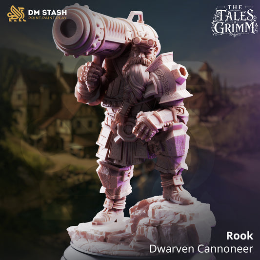 Rook Dwarven Cannoneer resin miniature by DM Stash holding a shoulder-mounted hand cannon on a rocky base.