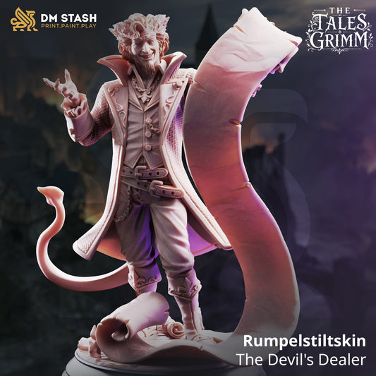 Rumpelstiltskin Tiefling Warlock resin miniature by DM Stash holding a long contract scroll.