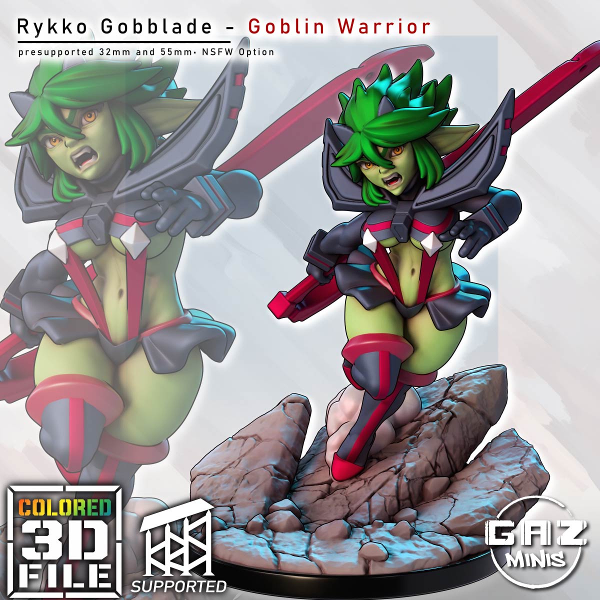 Colored Rykko Gobblade shown from three angles with green skin, dark armor, oversized red sword, smoke effect, and rocky base.