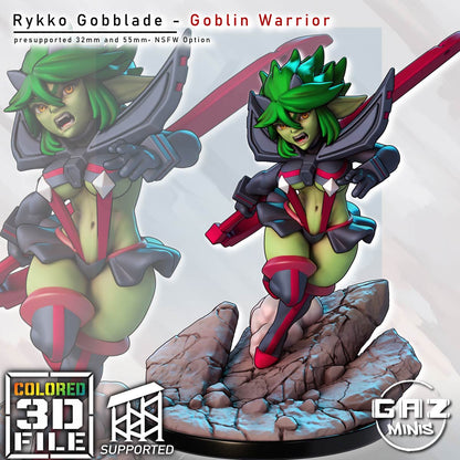 Colored Rykko Gobblade shown from three angles with green skin, dark armor, oversized red sword, smoke effect, and rocky base.
