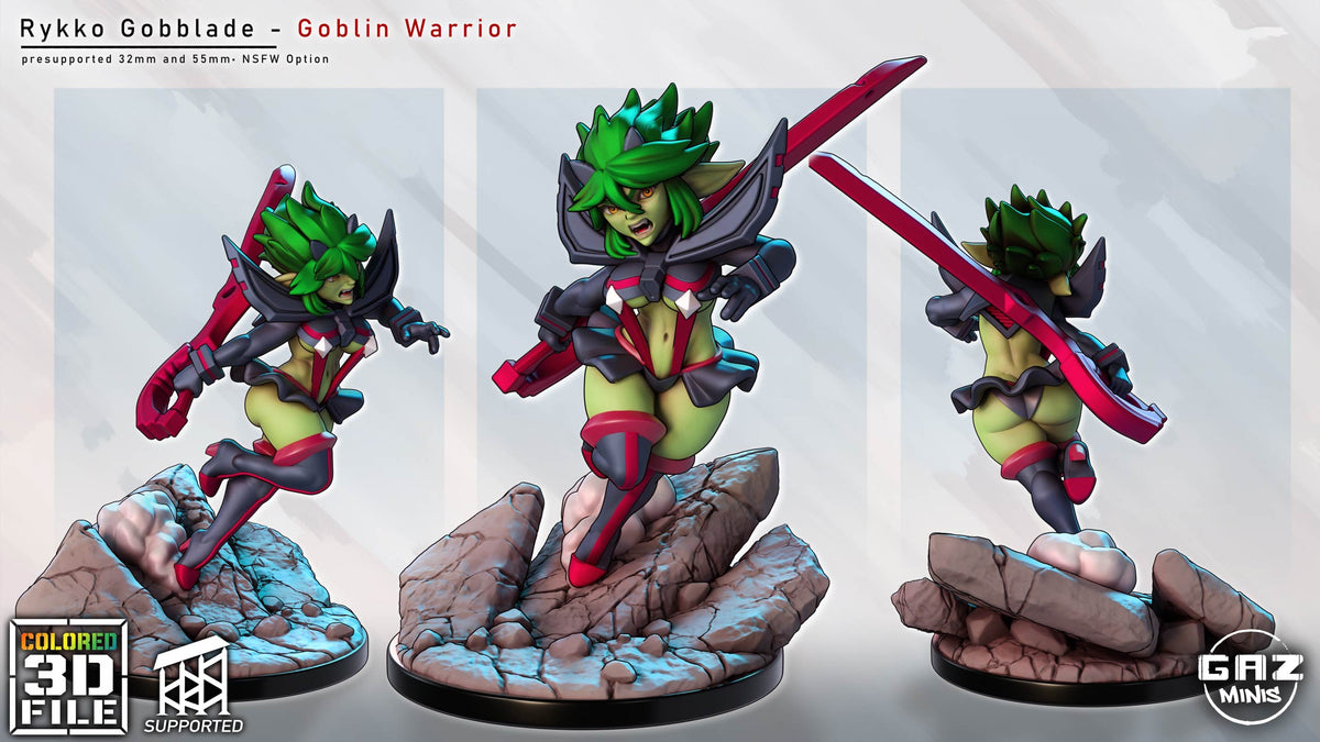 Rykko Gobblade NSFW goblin warrior variant shown from front, side, and rear with an oversized sword and rocky scenic base.