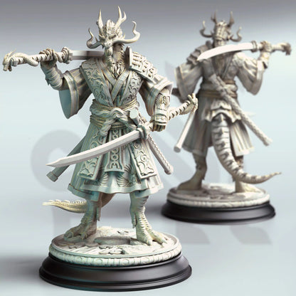 Rear render view of the Ryuma Eastern Dragonborn Samurai miniature showing back of embroidered robes, twin scabbards, and thick dragon tail.