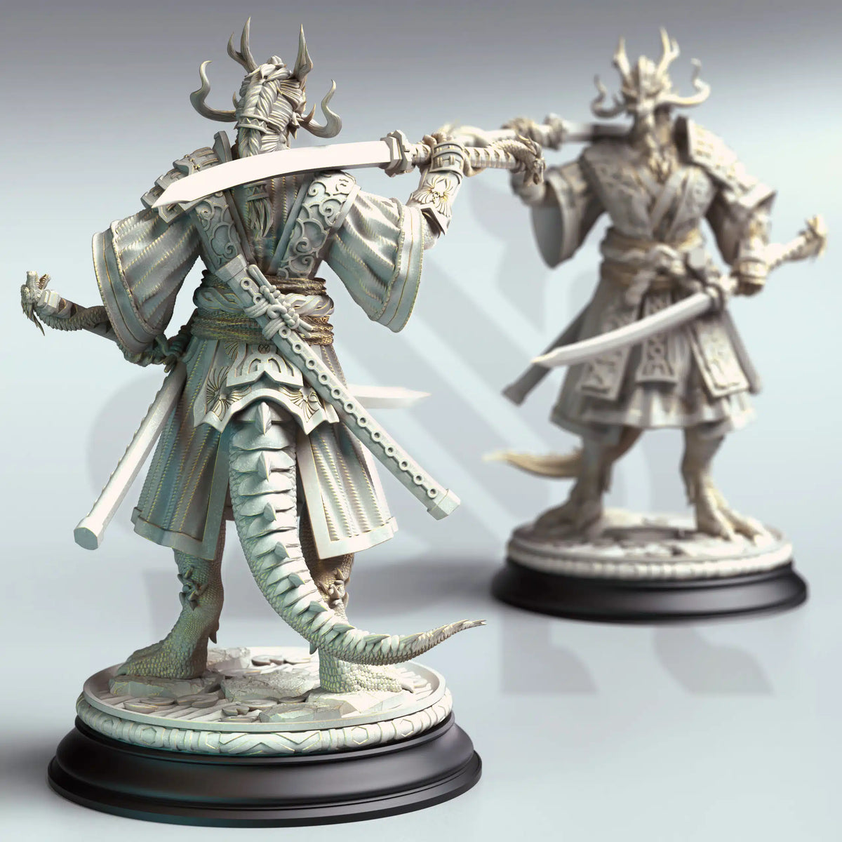 Clean front view render of the Ryuma Eastern Dragonborn Samurai miniature showcasing dual katatanas and Eastern robes.