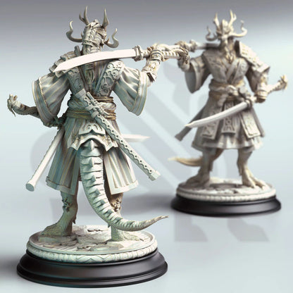 Clean front view render of the Ryuma Eastern Dragonborn Samurai miniature showcasing dual katatanas and Eastern robes.