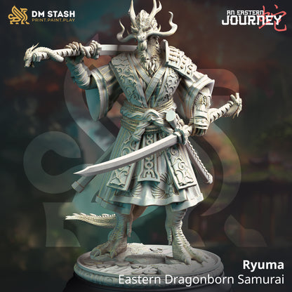 Front render view of the unpainted resin Ryuma Eastern Dragonborn Samurai miniature wielding katana on a detailed Asian-style base.