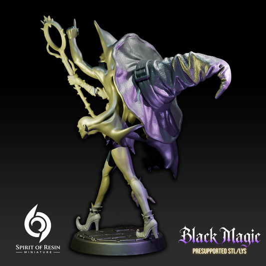 Rear three-quarter view of Sabrine Witch Summoner showing her staff and the supernatural entity surrounding her.