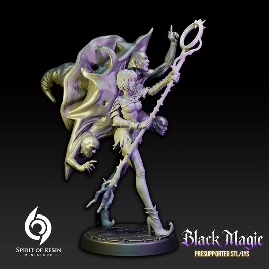Sabrine Witch Summoner human warlock holding an ornate staff while a large supernatural entity rises behind her.