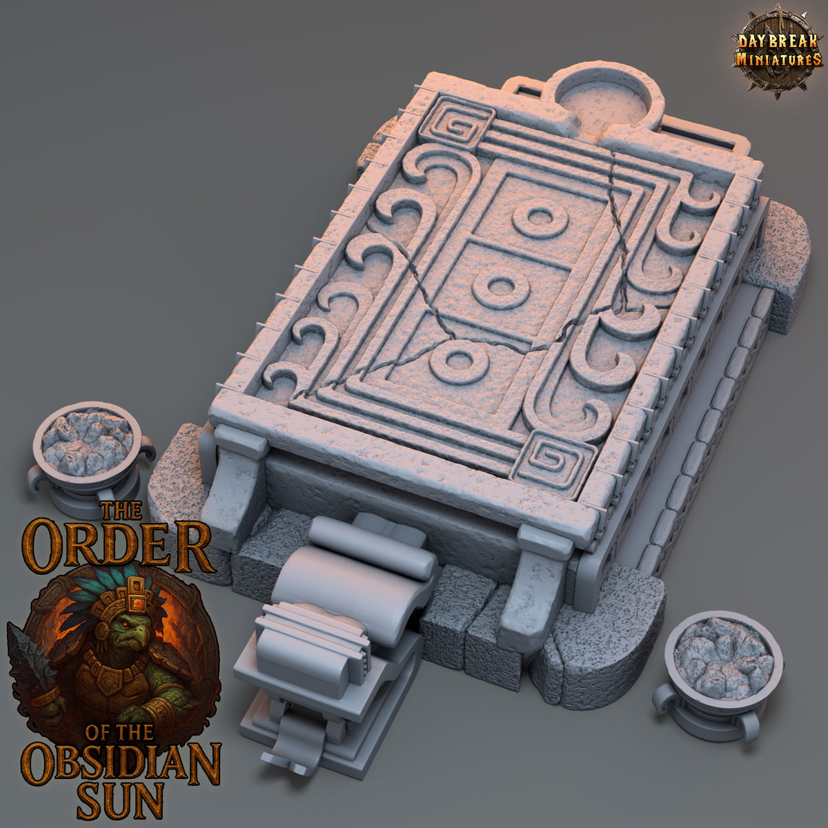 Angled view of the Sacrificial Altar showing carved ritual panels, stone steps, and fire props.