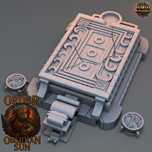 Angled view of the Sacrificial Altar showing carved ritual panels, stone steps, and fire props.
