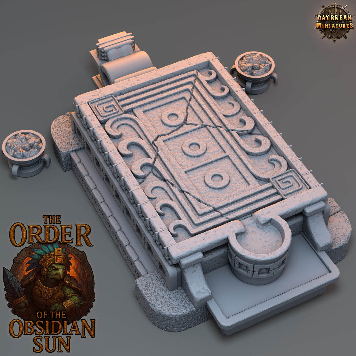 Sacrificial Altar scatter terrain set with carved stone altar and two separate fire pieces.