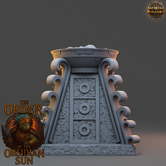 Empty Sacrificial Pyre resin terrain piece from The Order of the Obsidian Sun, detailed stone pyre for TTRPG dungeon and temple encounters.
