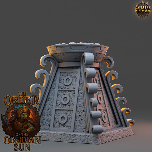 Unlit Sacrificial Pyre scatter terrain prop with carved stone panels and ritual detailing.
