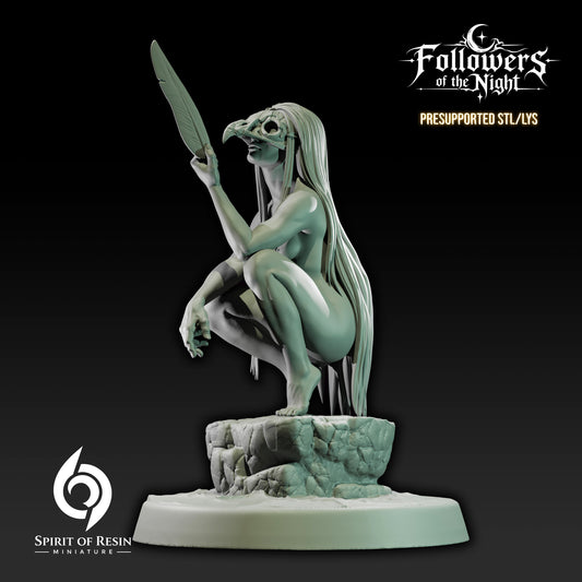 Sarin Night Daughter Human Druid resin miniature wearing a bird skull headdress and holding a feather on a rocky perch.