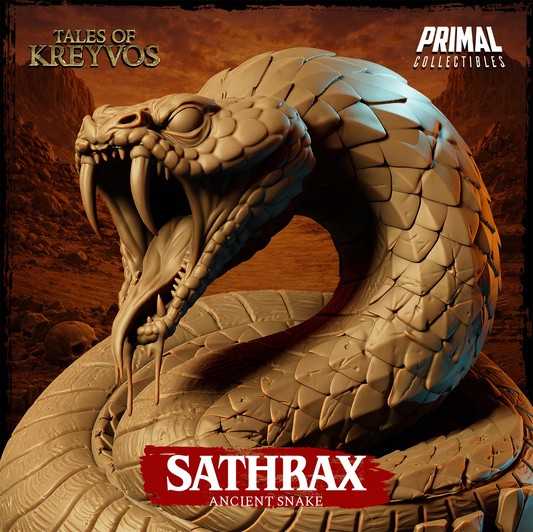 Close-up of Sathrax the Ancient Snake showing its open jaws, enormous fangs, forked tongue, and armored scales.