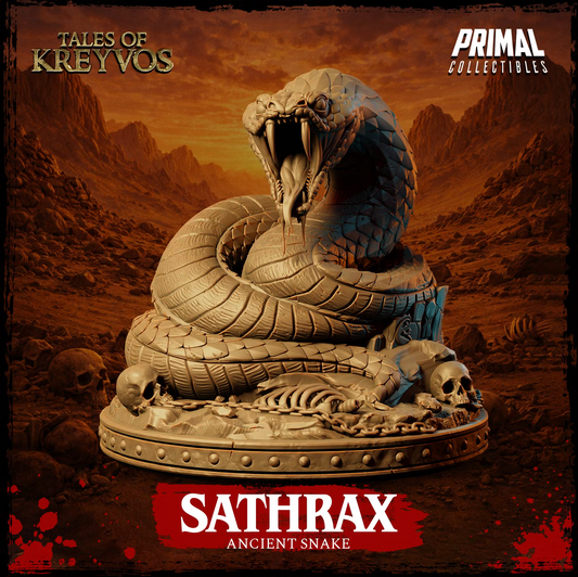 Sathrax Ancient Snake Large Beast resin miniature coiled on a ruined desert base with its fanged mouth open.