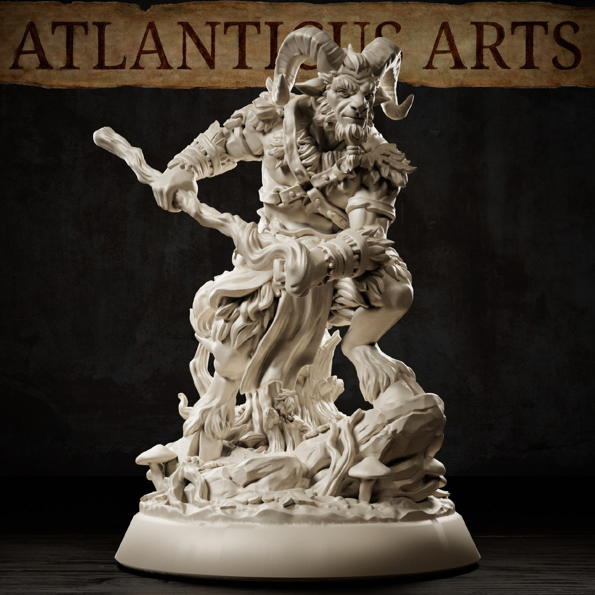 Satyr resin miniature with large curling ram horns, cloven hooves, gnarled wooden staff, layered woodland clothing, and mushroom forest base.