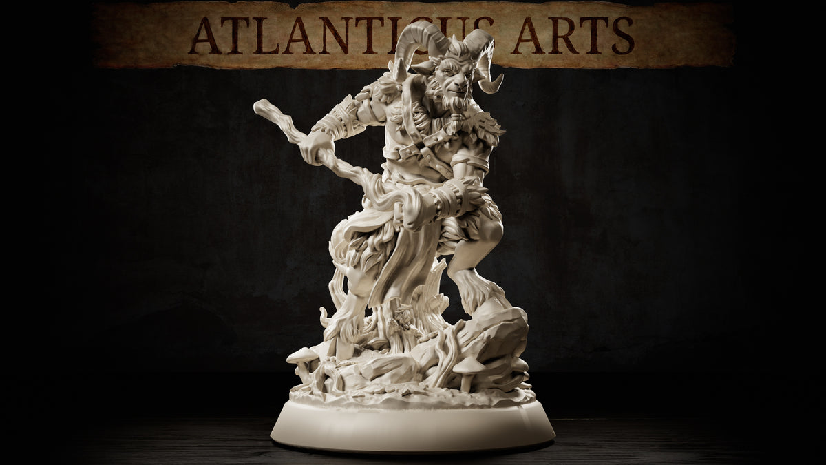 Full-body Satyr fantasy miniature carrying a twisted wooden staff with ram horns, fur details, goat-like legs, rocks, roots, and forest mushrooms.