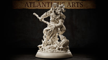 Full-body Satyr fantasy miniature carrying a twisted wooden staff with ram horns, fur details, goat-like legs, rocks, roots, and forest mushrooms.