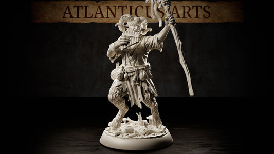 Full-body Satyr Revelmaster miniature playing panpipes while raising a decorated wooden staff above a mushroom-covered forest base.