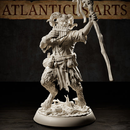 Satyr Revelmaster resin miniature with curling ram horns, panpipes, tall wooden staff, cloven hooves, pouches, and mushroom woodland base.