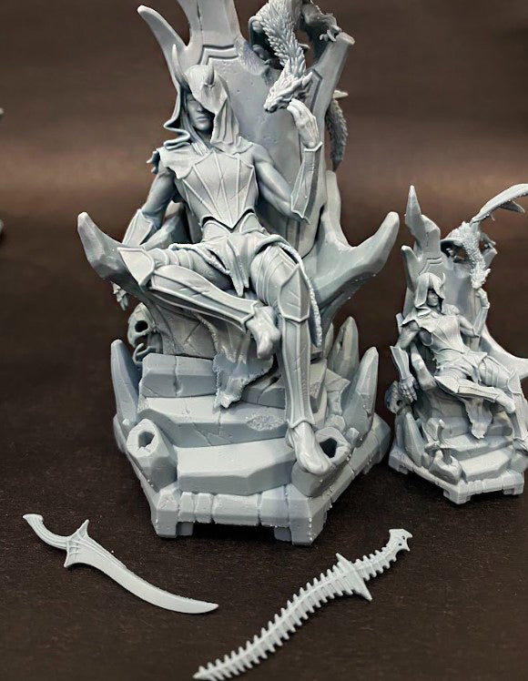 Mowts Tamashii Clan Leader resin miniature seated on a stone throne with drake companion – available in 32mm and 75mm scales from D&K Custom Prints.